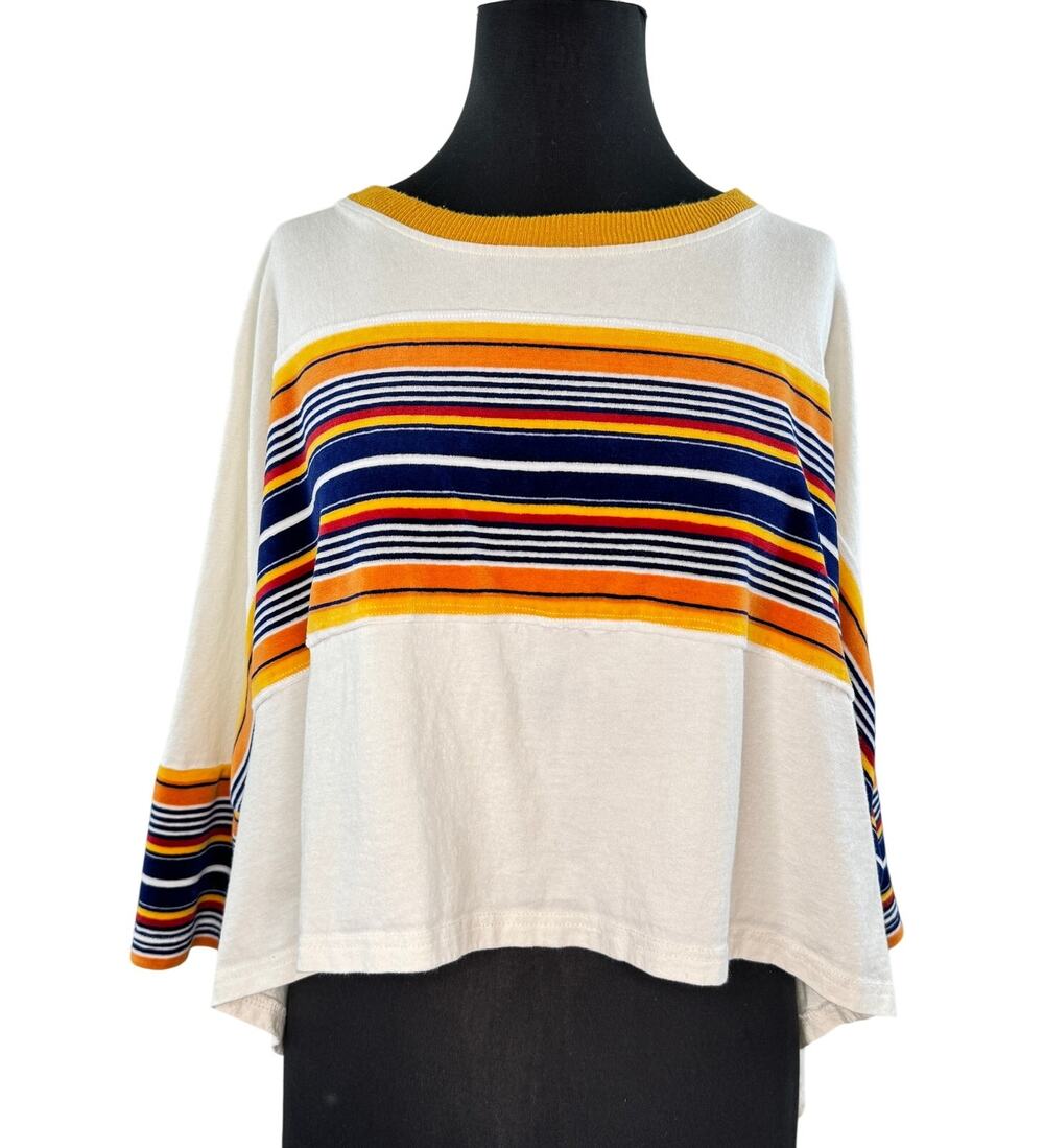 We The Free People Ivory Combo Retro Velour Top Striped Boat Neck Tee S Small